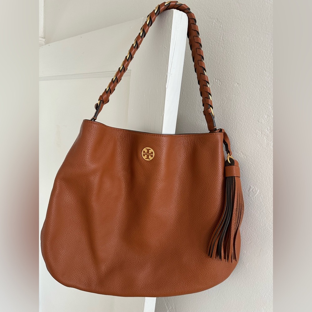 Tory Burch Brown Pebbled Leather Shoulder Bag with Braided Gold Strap